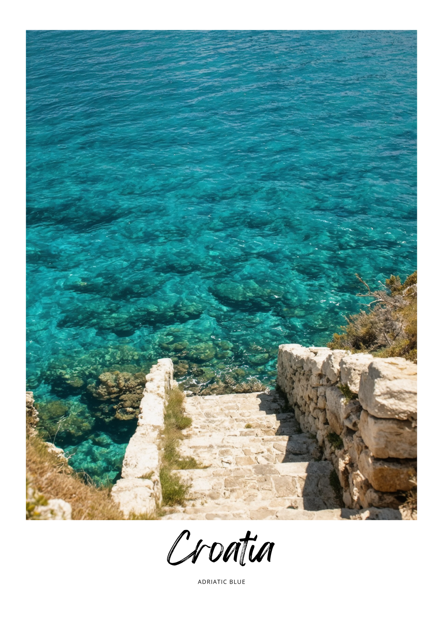 Clear blue water with a stone staircase leading down to the sea, labeled 'Croatia'.