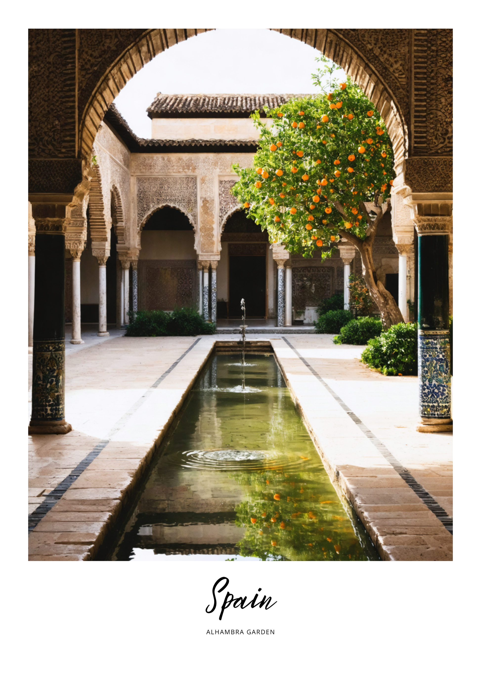 Alhambra garden with a water feature and orange tree in Spain