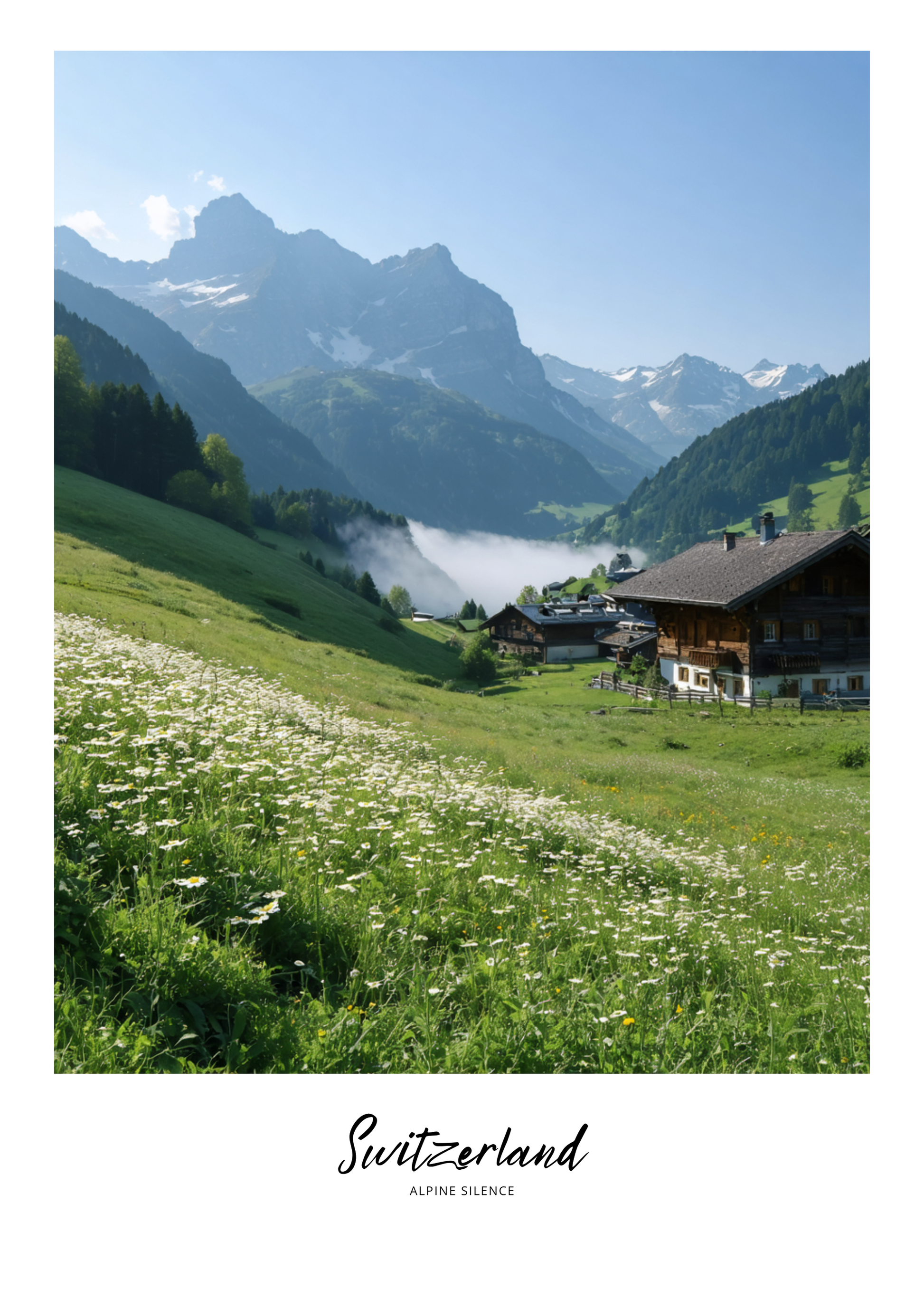 Scenic view of a mountain village with green fields and snow-capped mountains in Switzerland.