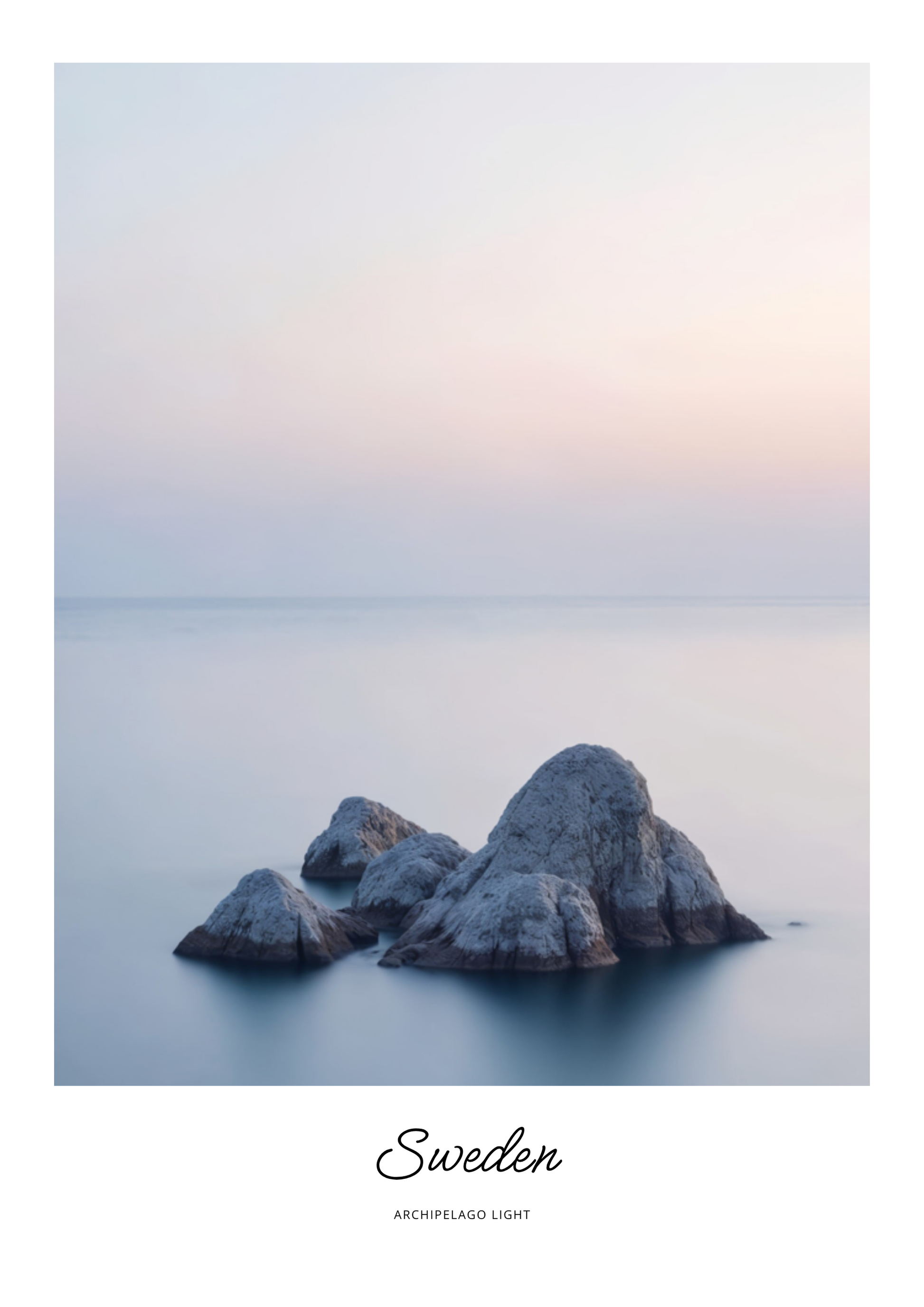 Two large rocks in the middle of a calm body of water with 'Sweden' and 'Archipelago Light' text at the bottom.