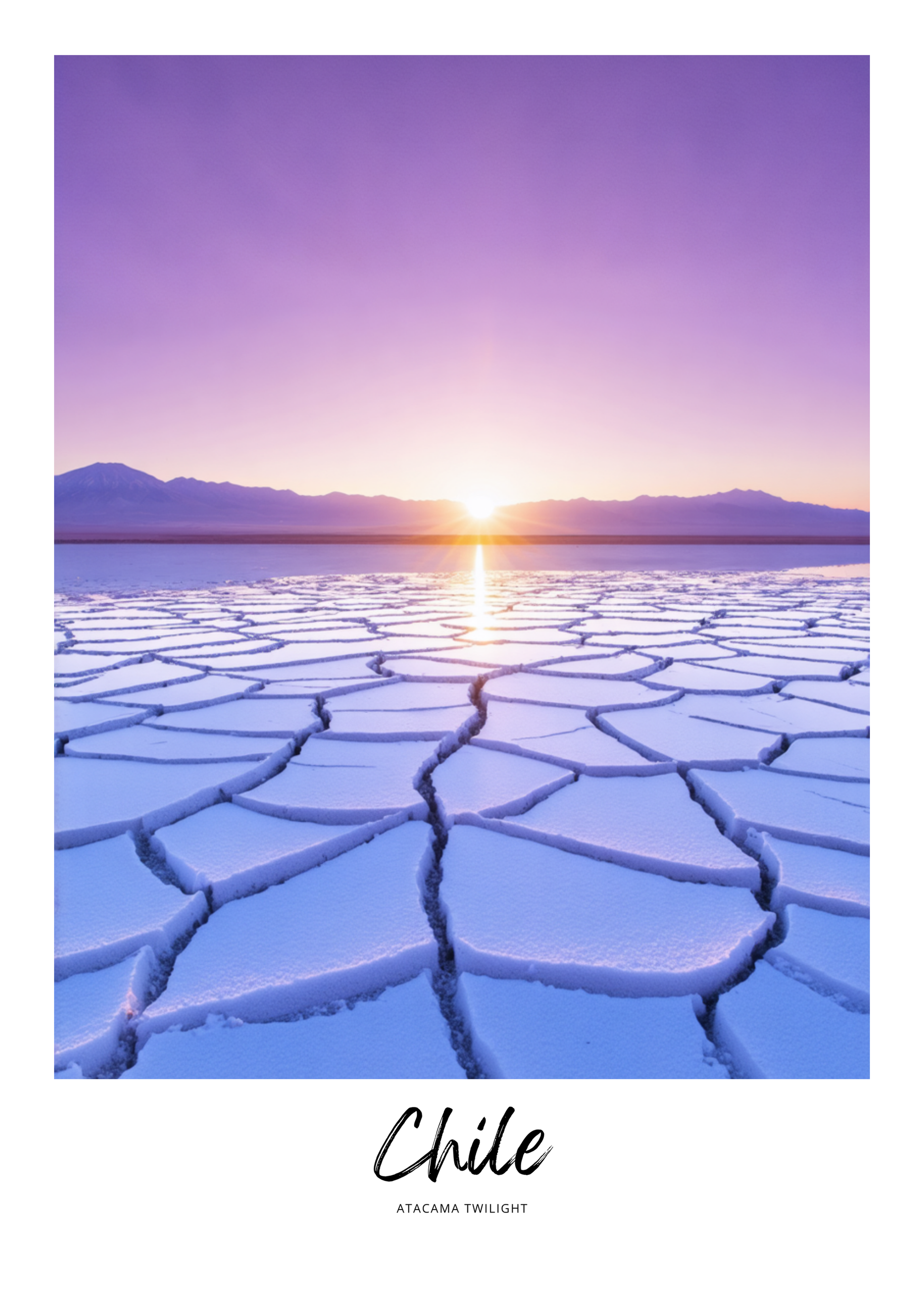 Sunset over a salt flat with 'Chile' and 'Atacama Twilight' text at the bottom.