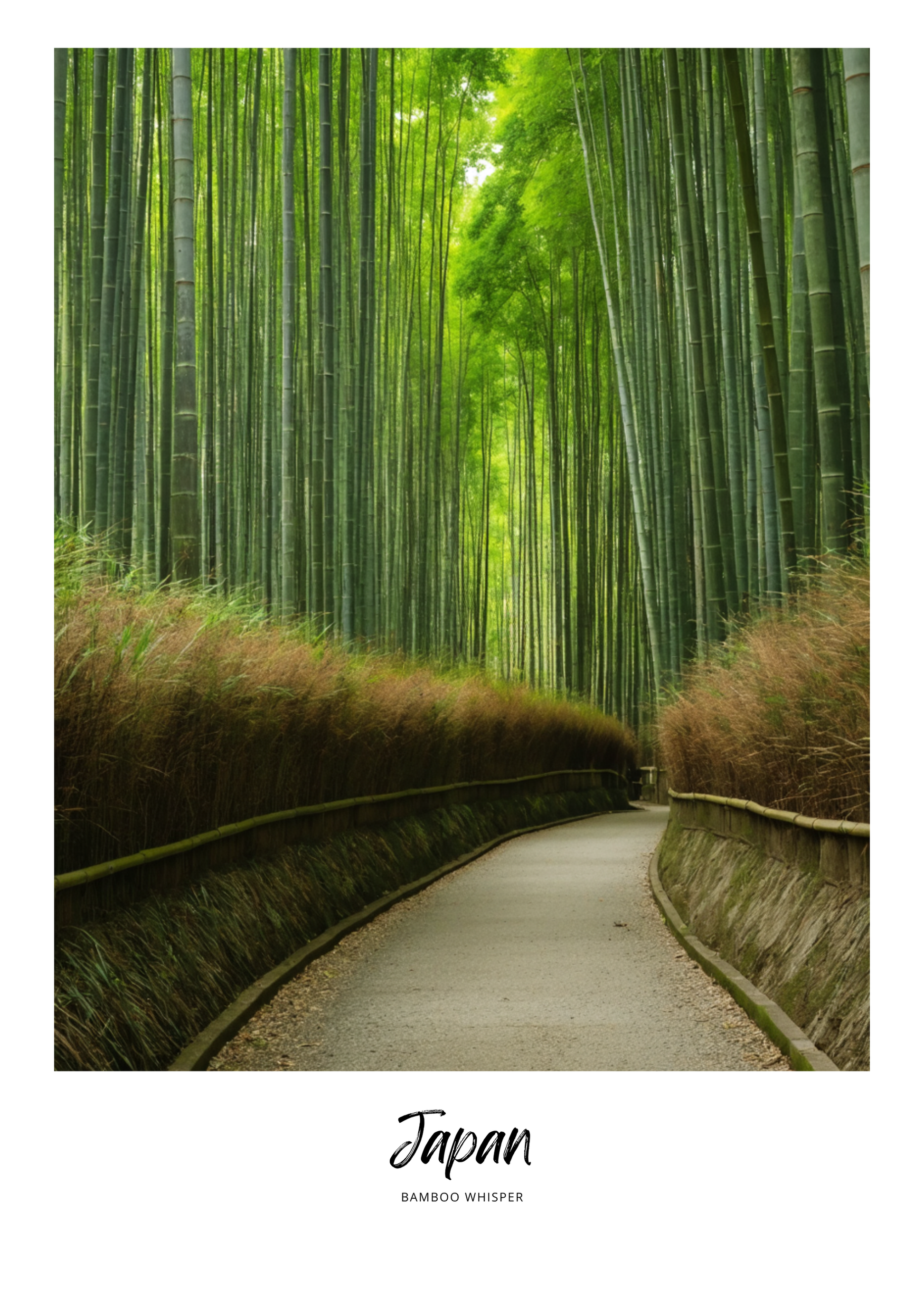 Pathway through a bamboo forest with 'Japan' and 'Bamboo Whisper' text at the bottom.