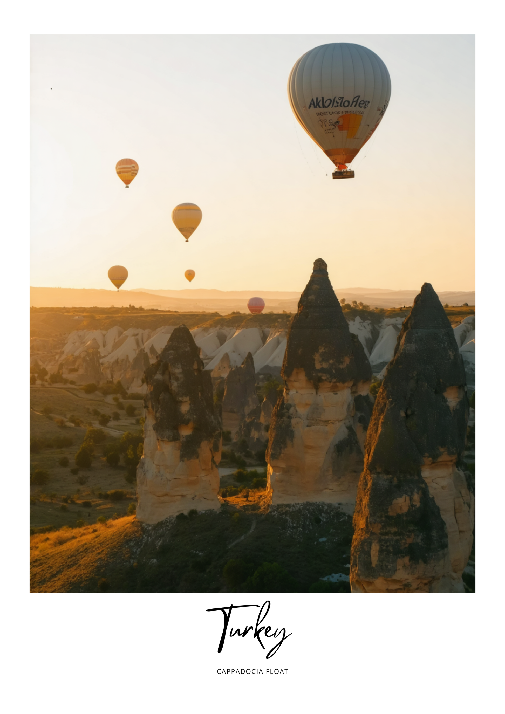 Hot air balloons over rock formations with 'Turkey' and 'Cappadocia' text at the bottom.