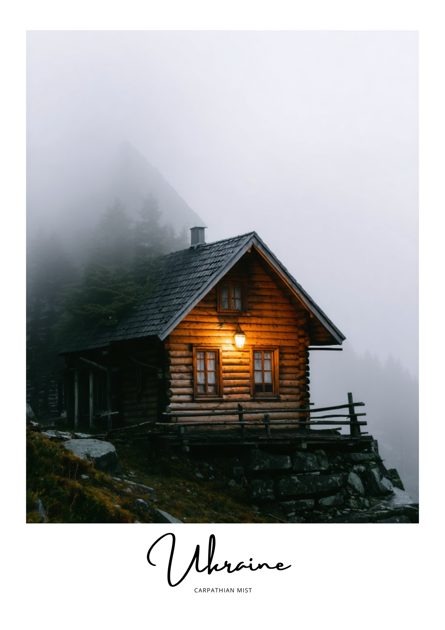 Wooden cabin in a foggy mountain landscape with 'Ukraine' and 'Carpathian Mist' text.