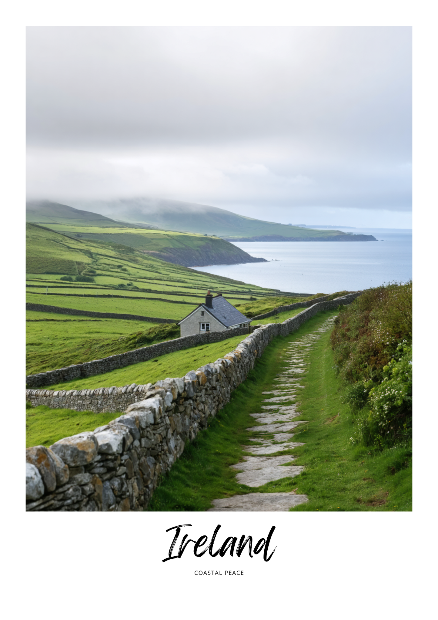 Coastal landscape with a house and stone wall in Ireland