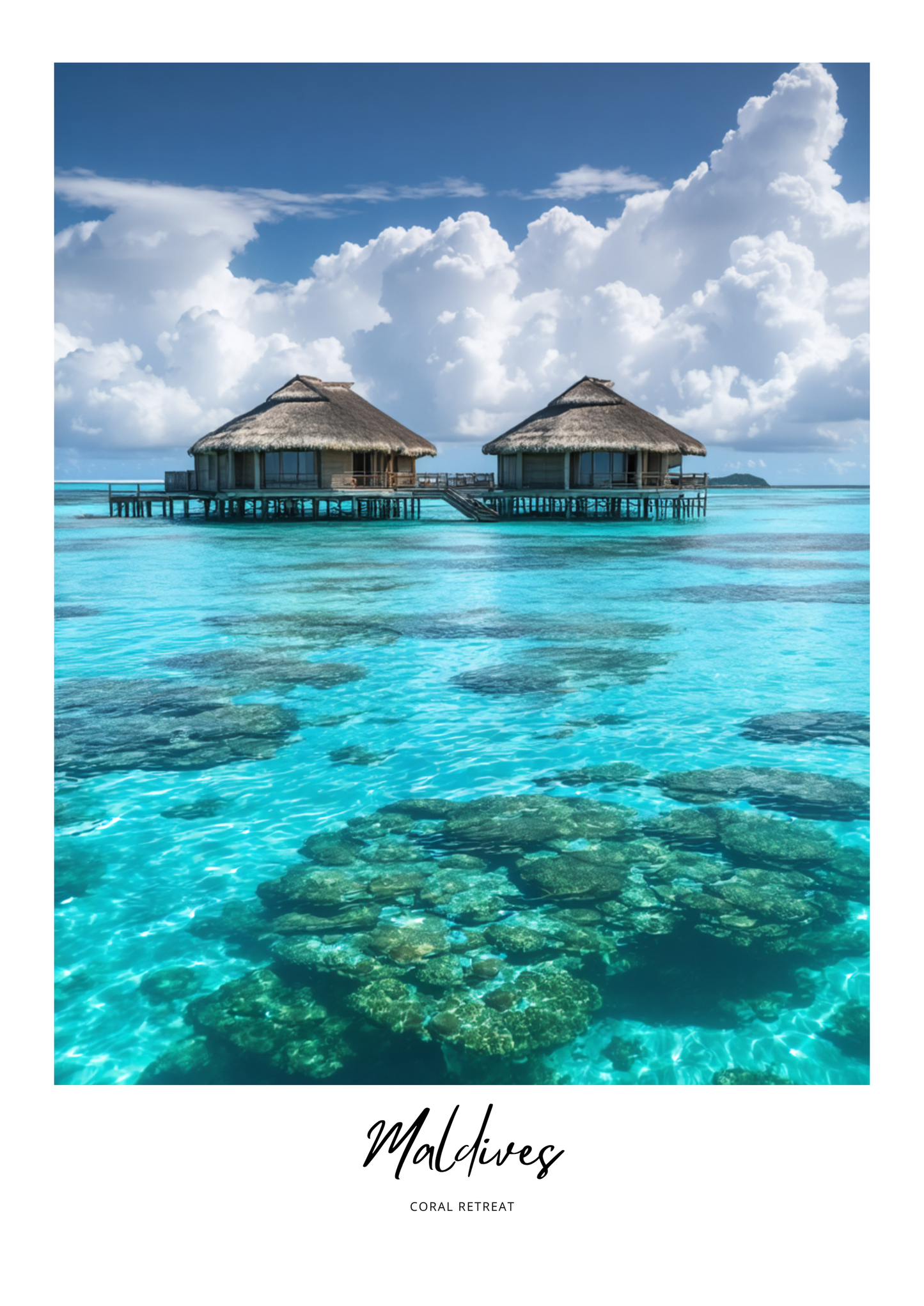 Two overwater bungalows in the Maldives with clear blue water and white clouds.