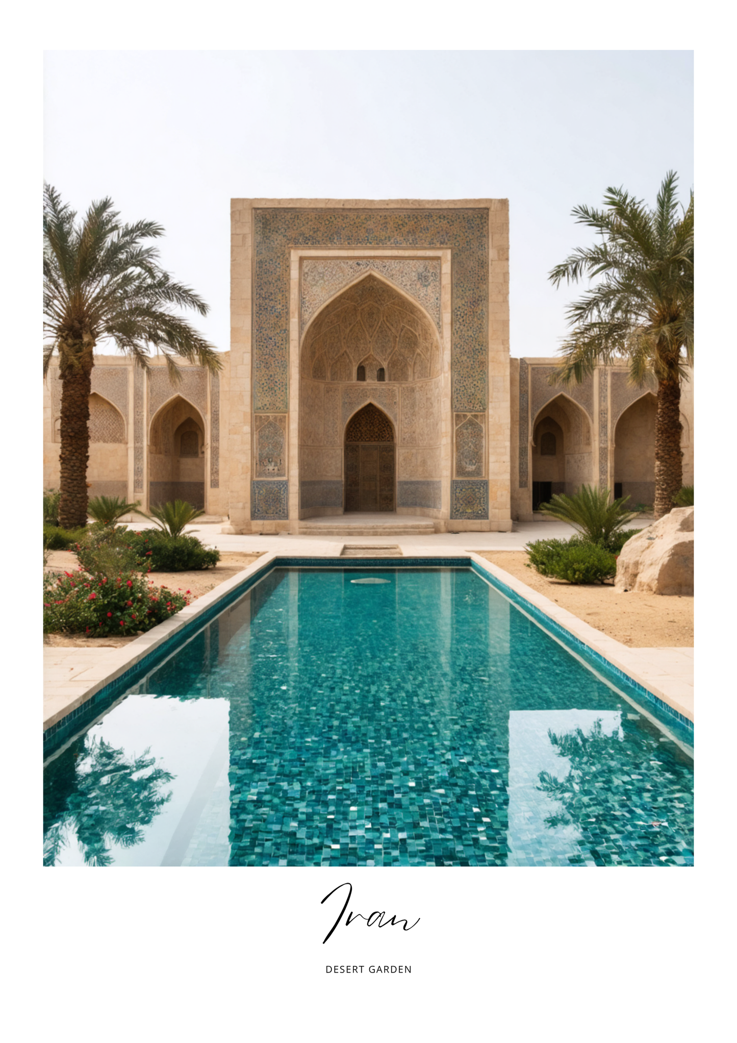 Traditional architecture with a pool and palm trees in a desert setting