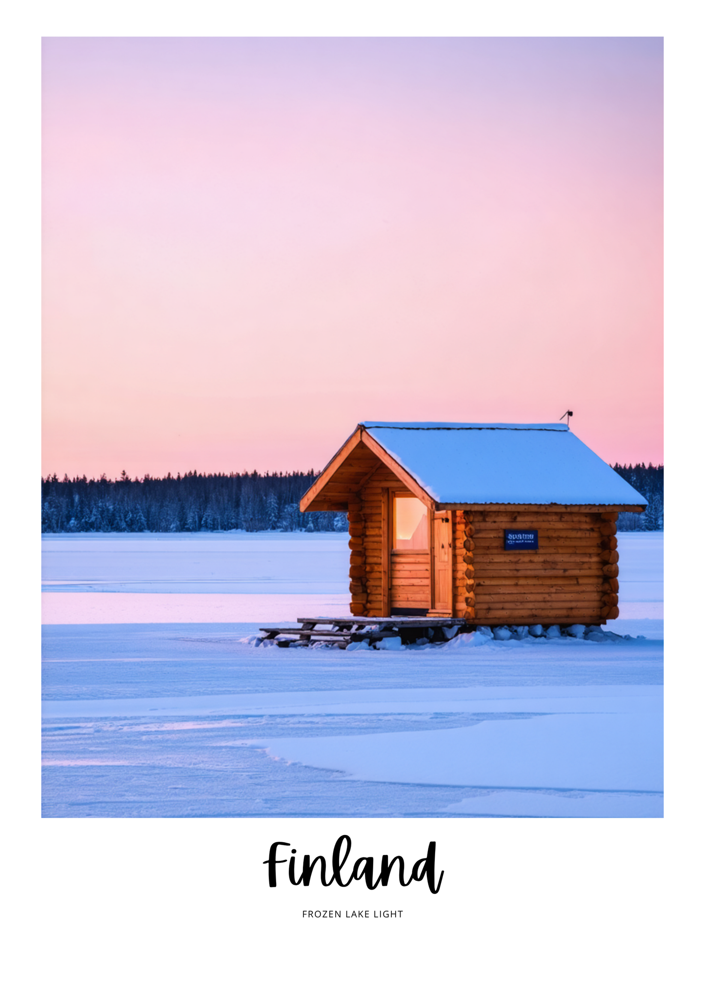 Wooden cabin on skis in a frozen lake with a pastel sky, labeled 'Finland'.