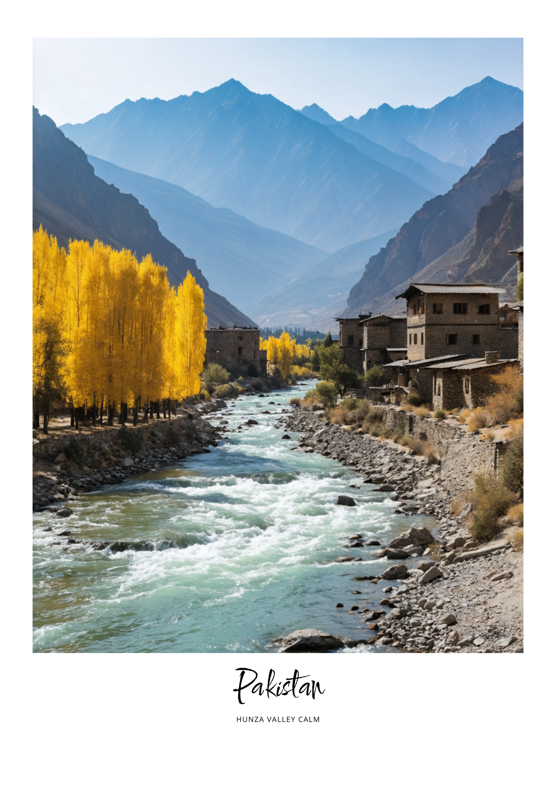 Scenic view of a river flowing through a valley with mountains and yellow trees, labeled 'Pakistan'.
