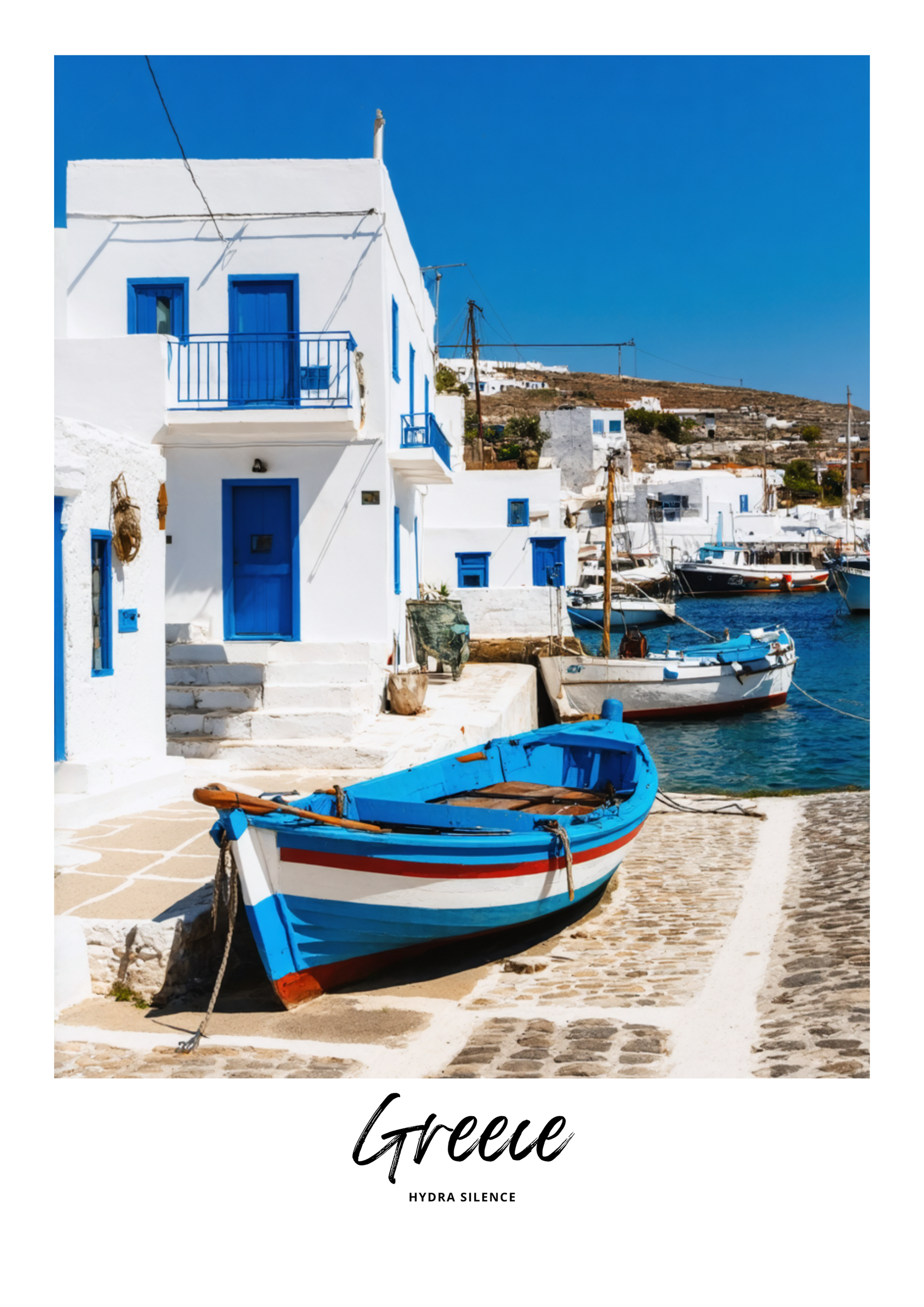 Traditional Greek island scene with white buildings, blue doors, and a colorful boat in Hydra, Greece.