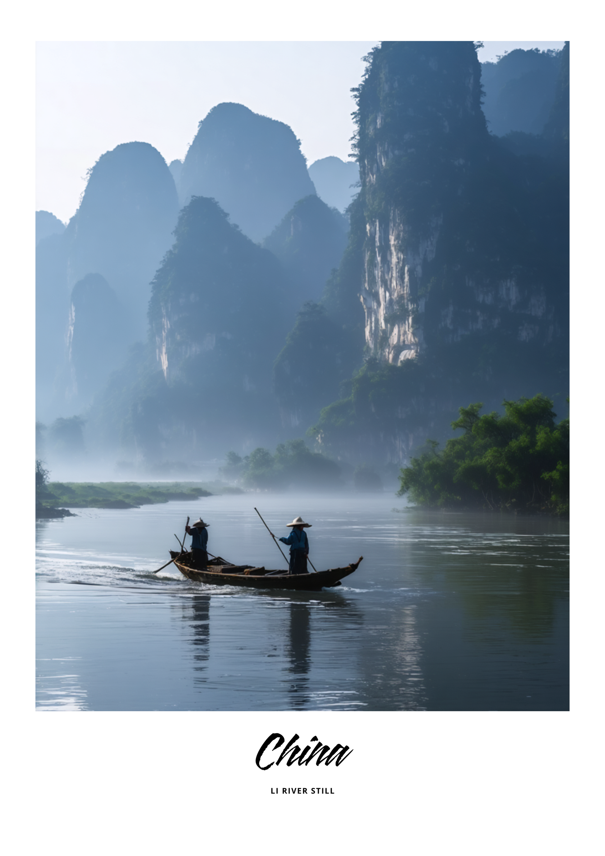 Two people in a boat on a river with mountains in the background, labeled 'China'.
