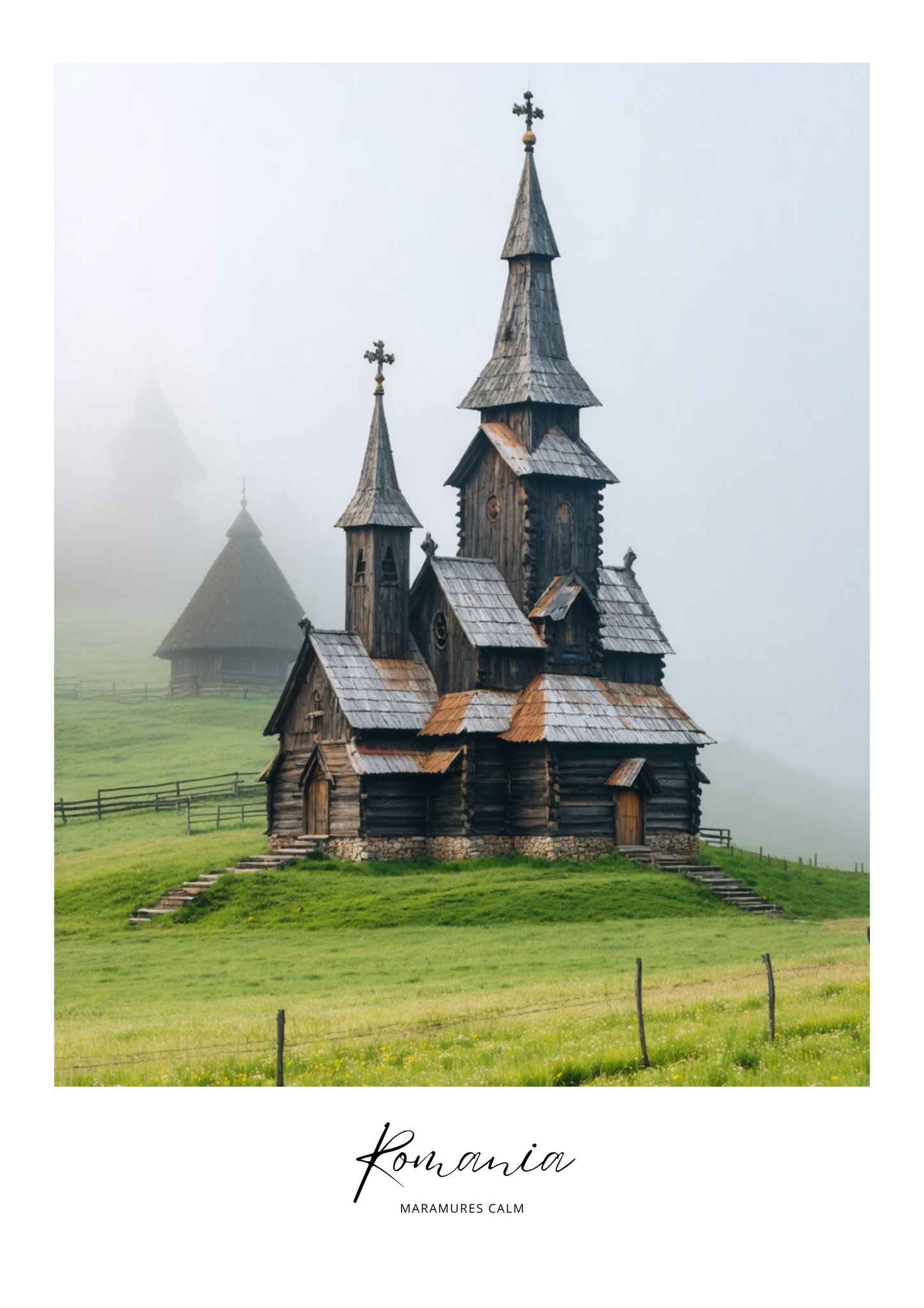 Wooden church in a misty landscape with 'Romanescu' branding.