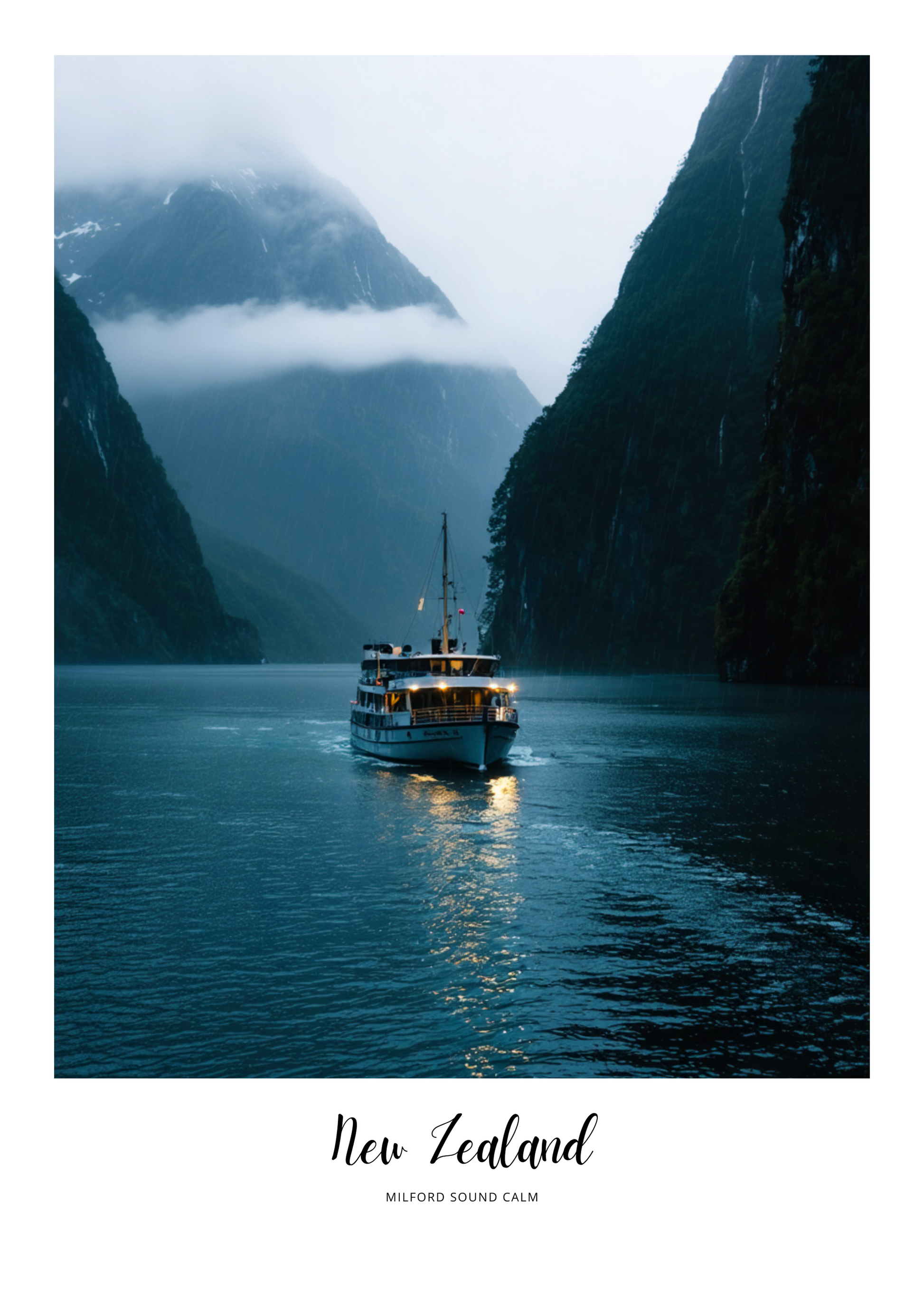 Boat in a fjord with mountains in New Zealand