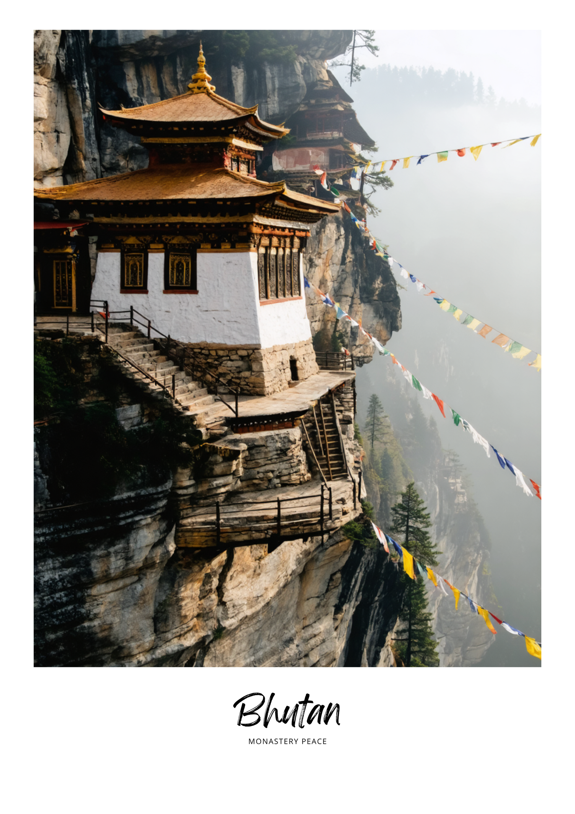 Monastery on a cliff with prayer flags in Bhutan