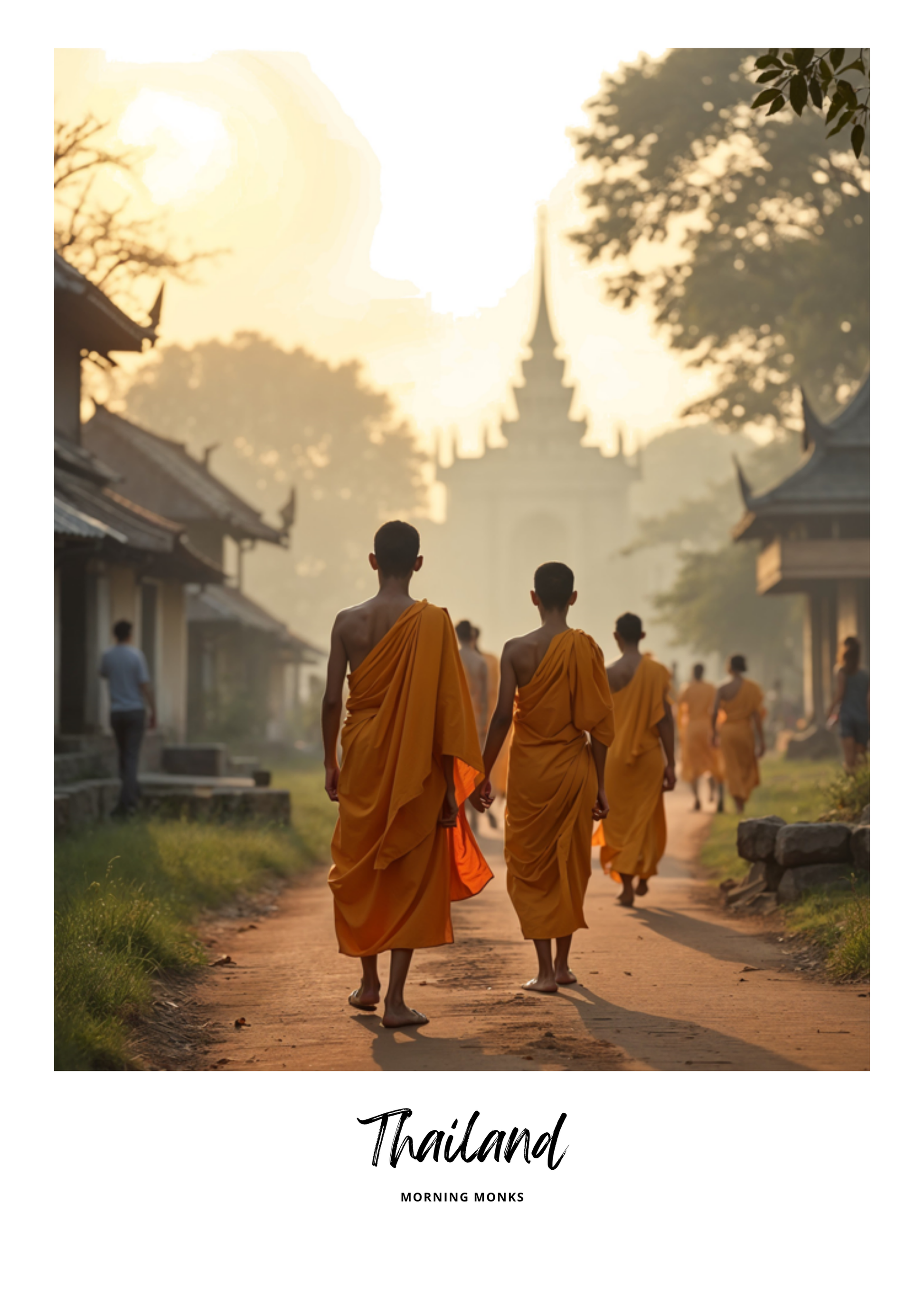 Monks in orange robes walking along a path with a temple in the background, labeled 'Thailand Morning Monks'.