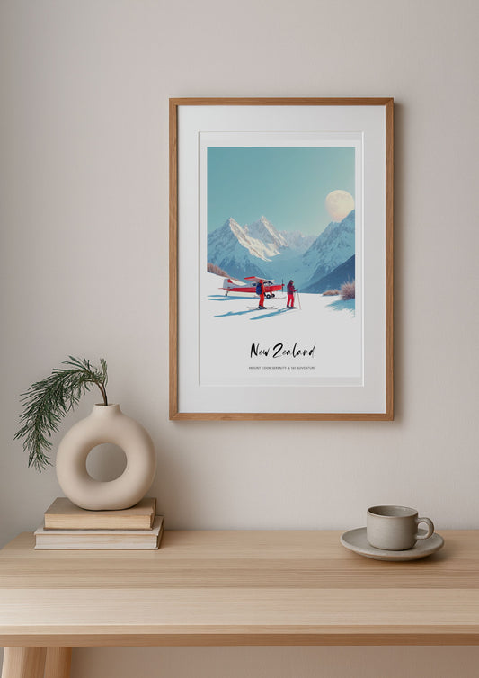 Framed New Zealand travel poster on a wall above a wooden table with decor items.