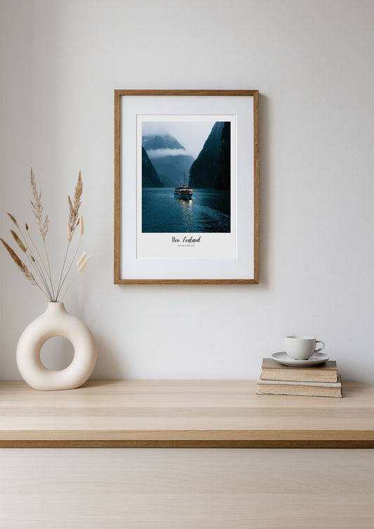 Framed photograph of a boat on water with mountains, placed on a wooden shelf with decorative items.