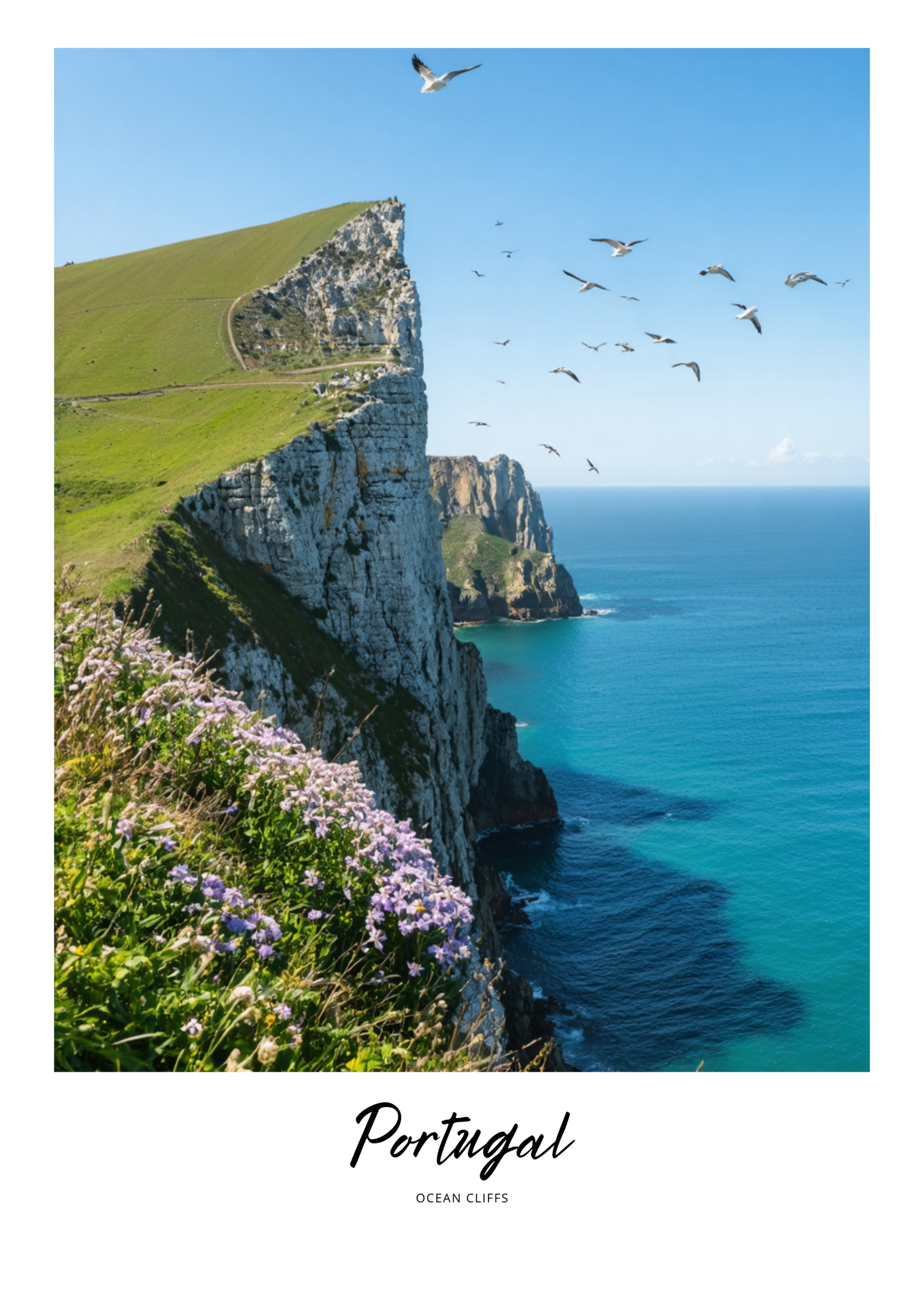 Cliffs overlooking the ocean with birds flying, labeled 'Portugal'.