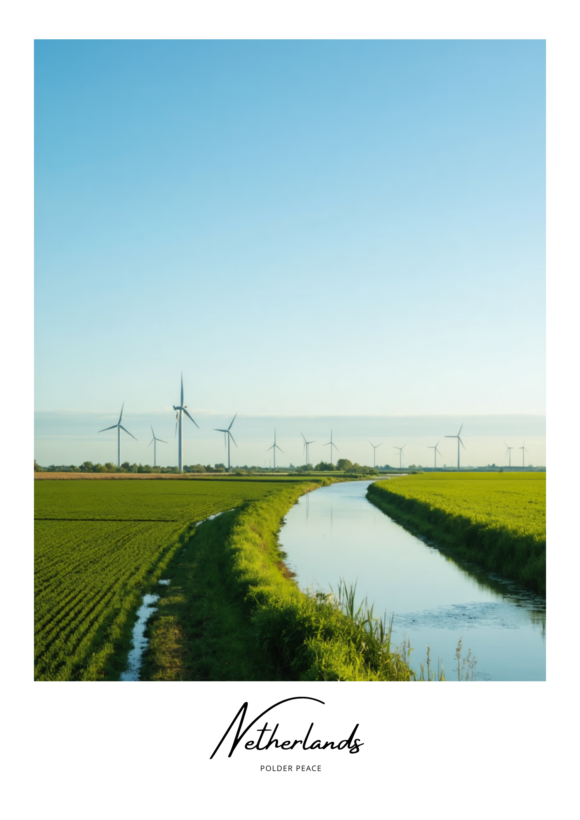 Wind turbines along a canal with green fields and blue sky, labeled 'Netherlands'.