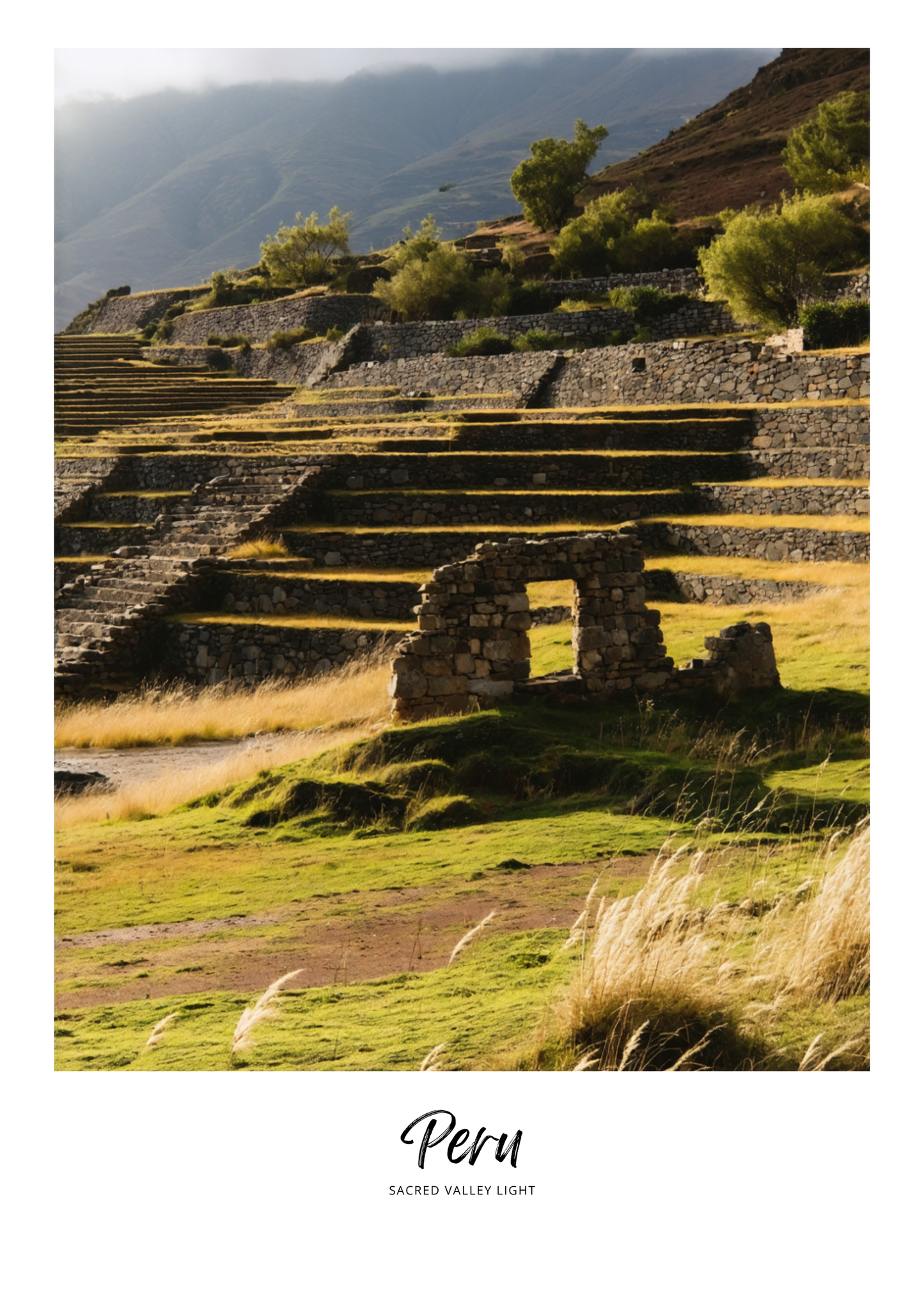 Ancient stone ruins on a hillside with 'Peru' text at the bottom