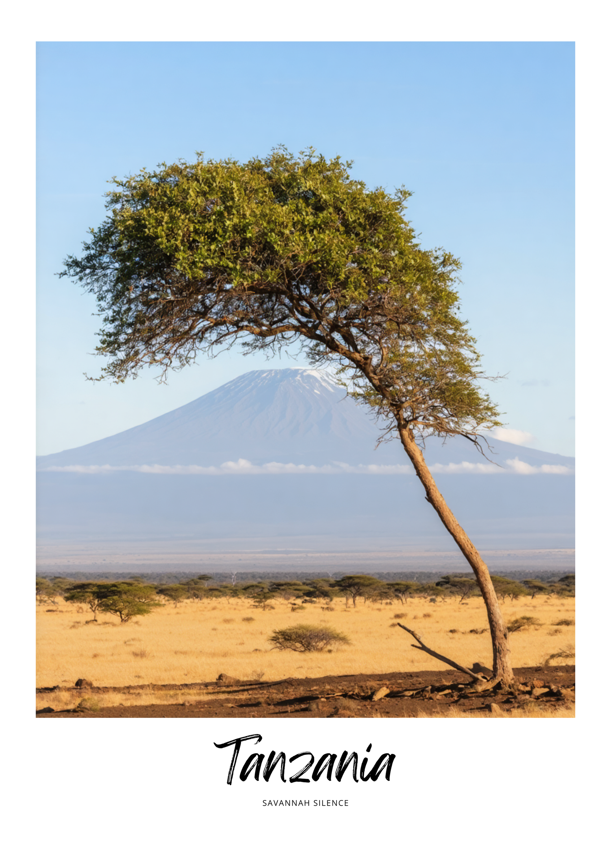Savannah landscape with a tree and Mount Kilimanjaro in the background, labeled 'Tanzania'.