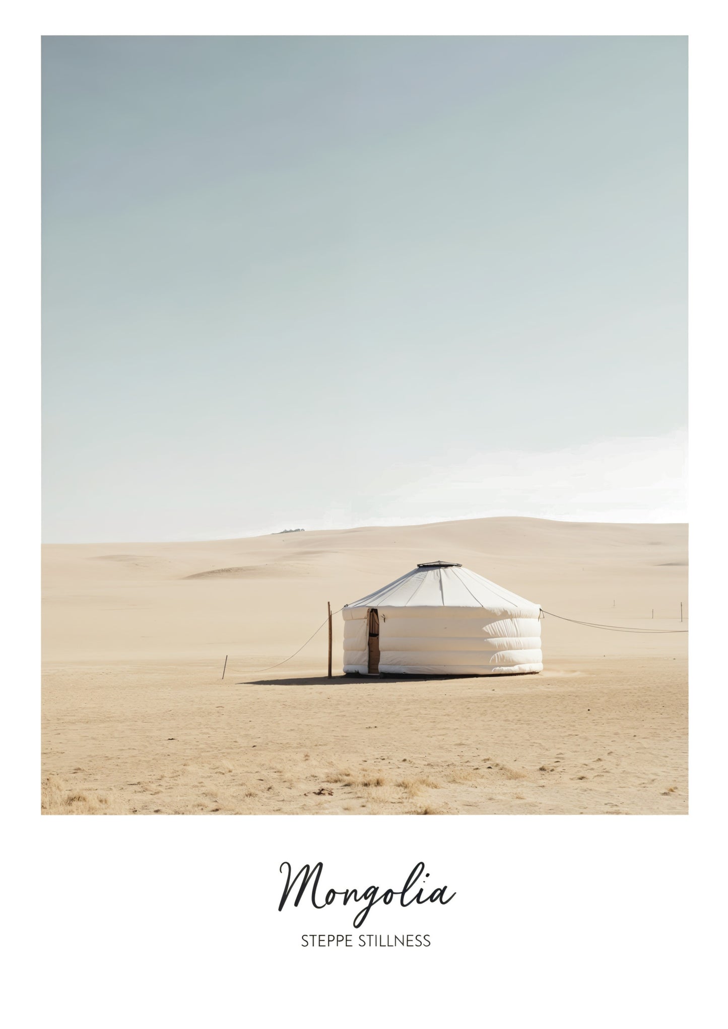 White yurt in a desert landscape with 'Mongolia' and 'Steppe Stillness' text.