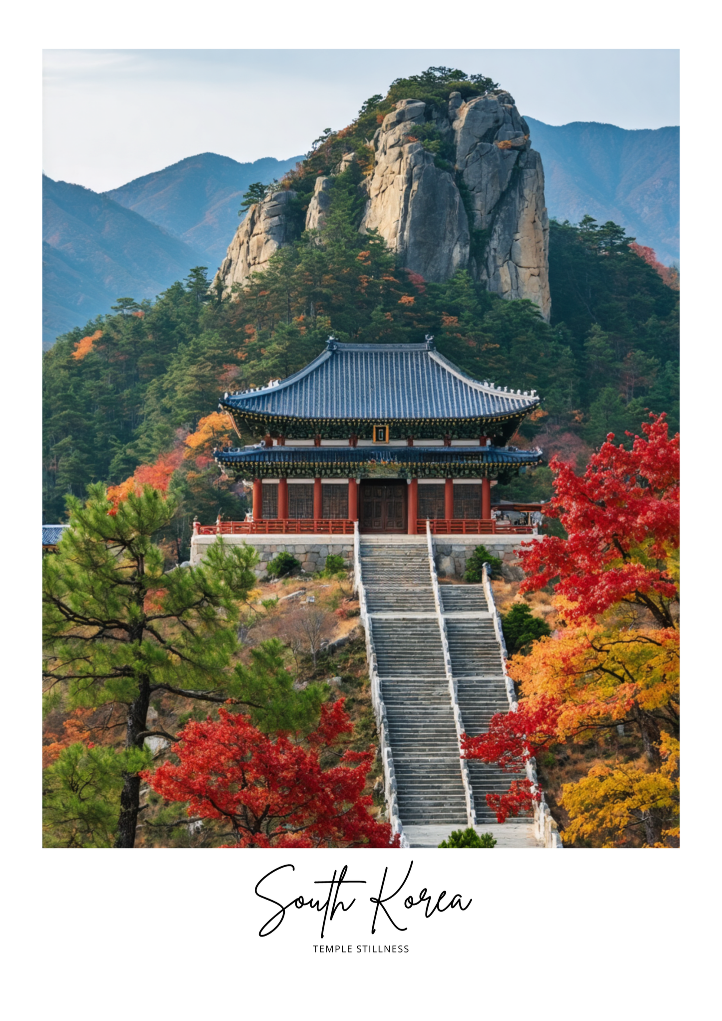 Traditional Korean temple with autumn foliage and mountain backdrop
