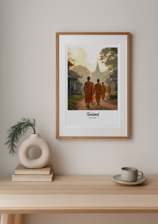 Framed artwork of monks in Thailand on a wall above a wooden table with decor items.