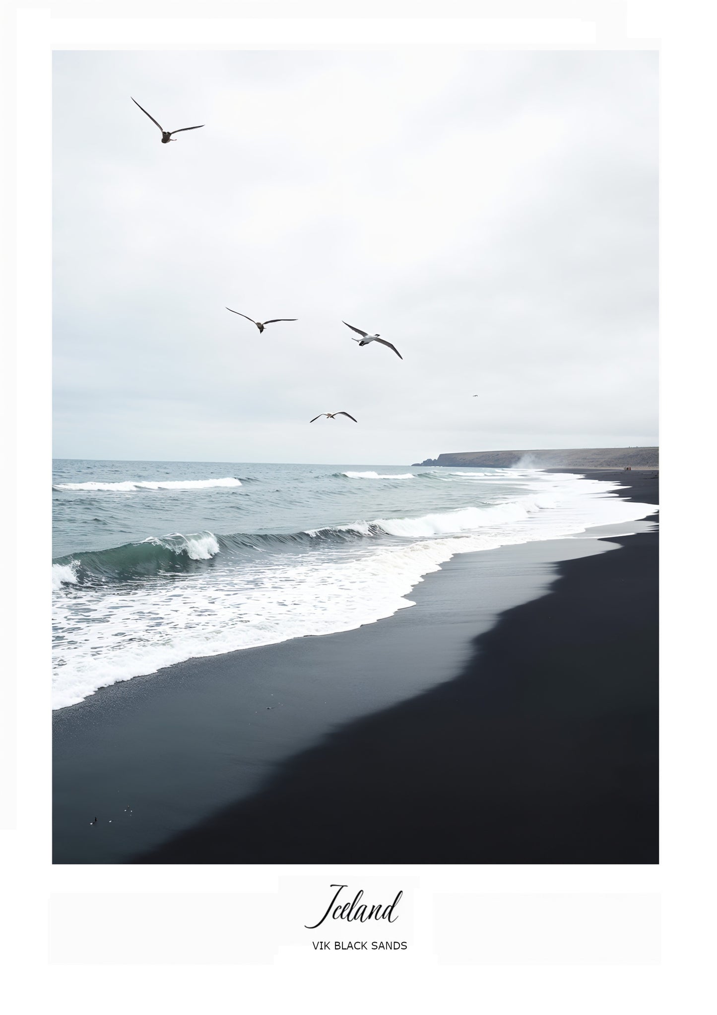 Black sand beach with waves and birds flying over the ocean, labeled 'Iceland'.