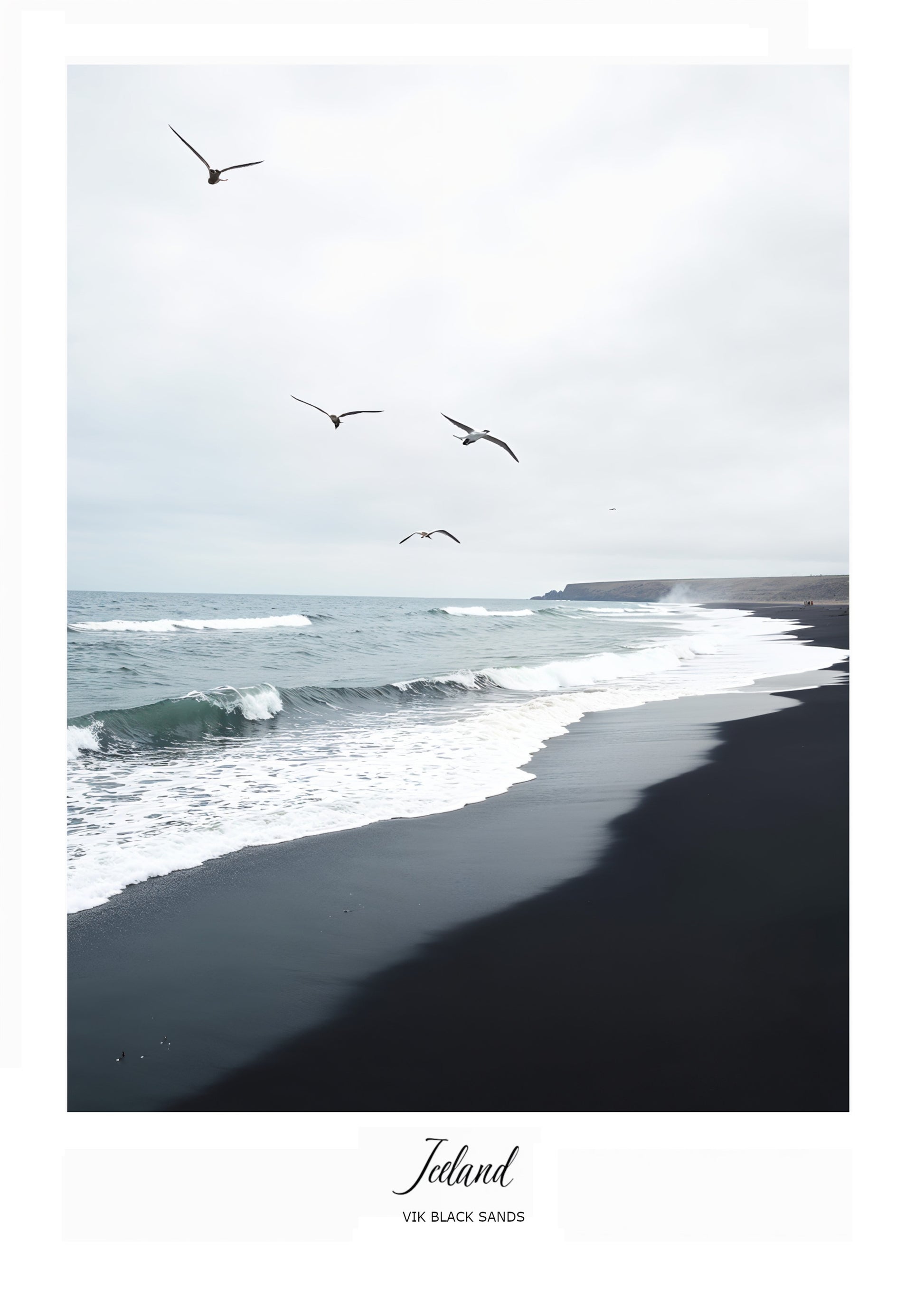 Black sand beach with waves and birds flying over the ocean, labeled 'Iceland'.