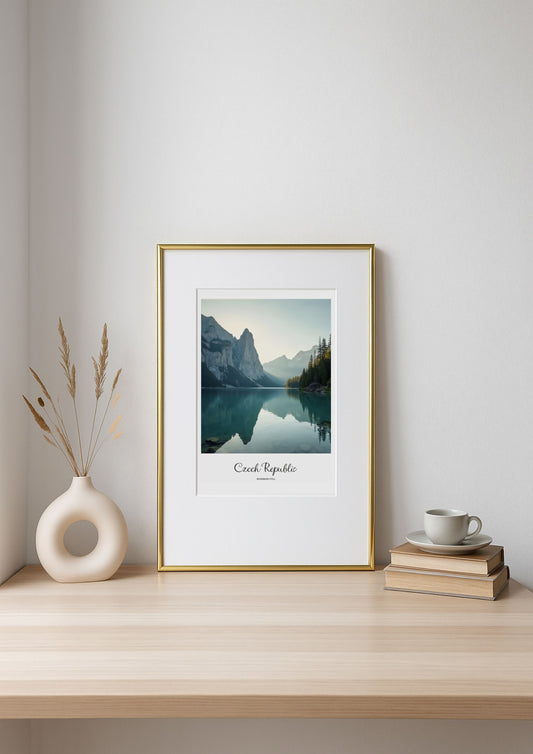 Framed landscape print of a mountain lake on a wooden shelf with decor items.