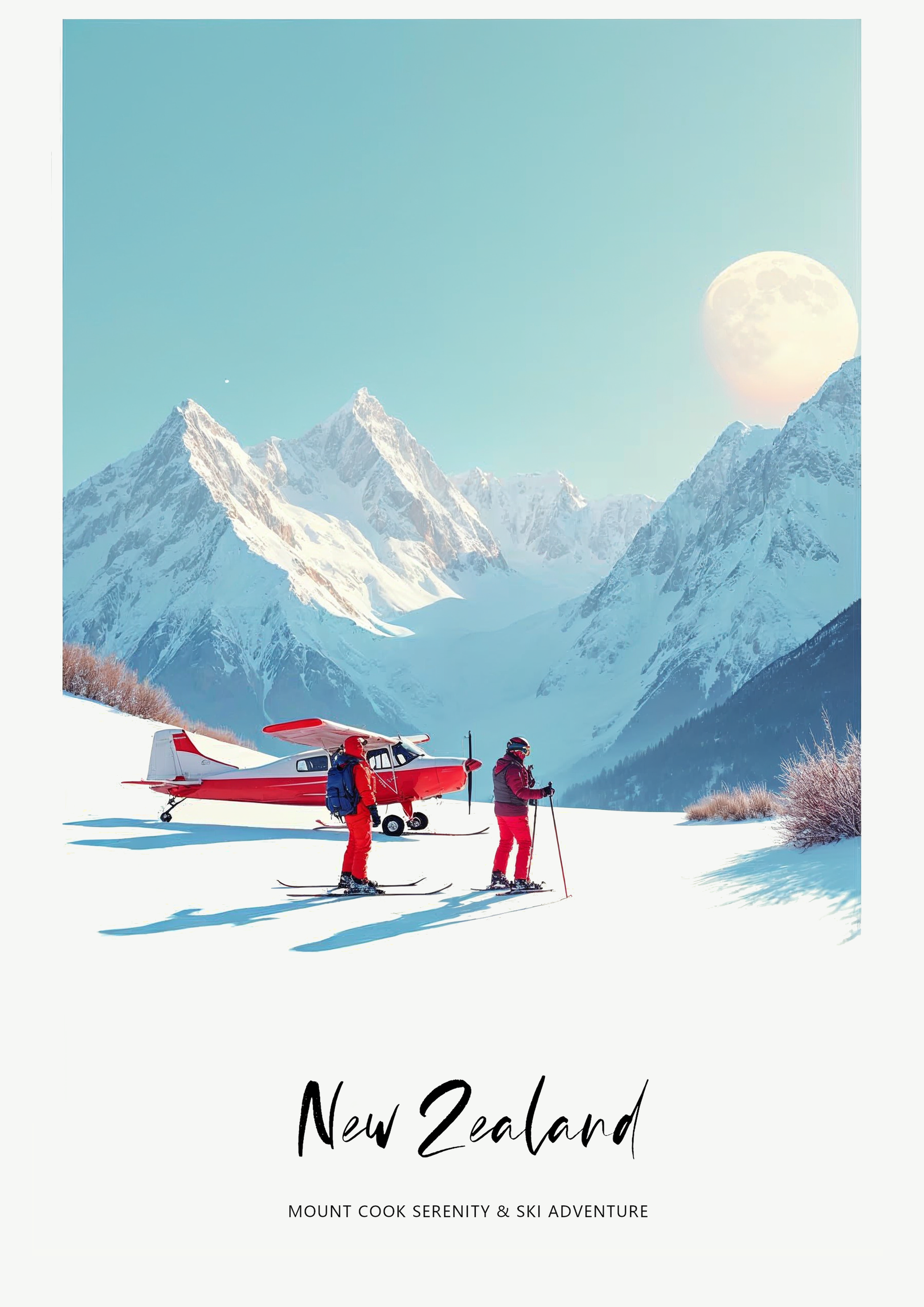Two skiers near a red airplane with snow-covered mountains and a full moon in the sky, labeled 'New Zealand'.