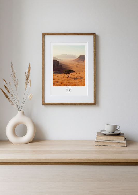 Framed artwork of a desert landscape on a wooden shelf with decor items.