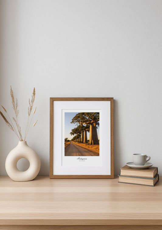 Framed artwork on a wooden shelf with a vase and books against a white wall