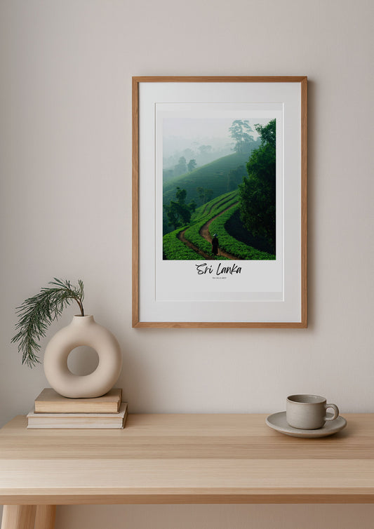 Framed print of a scenic view of Sri Lanka on a wall above a wooden table with a vase, books, and cup.
