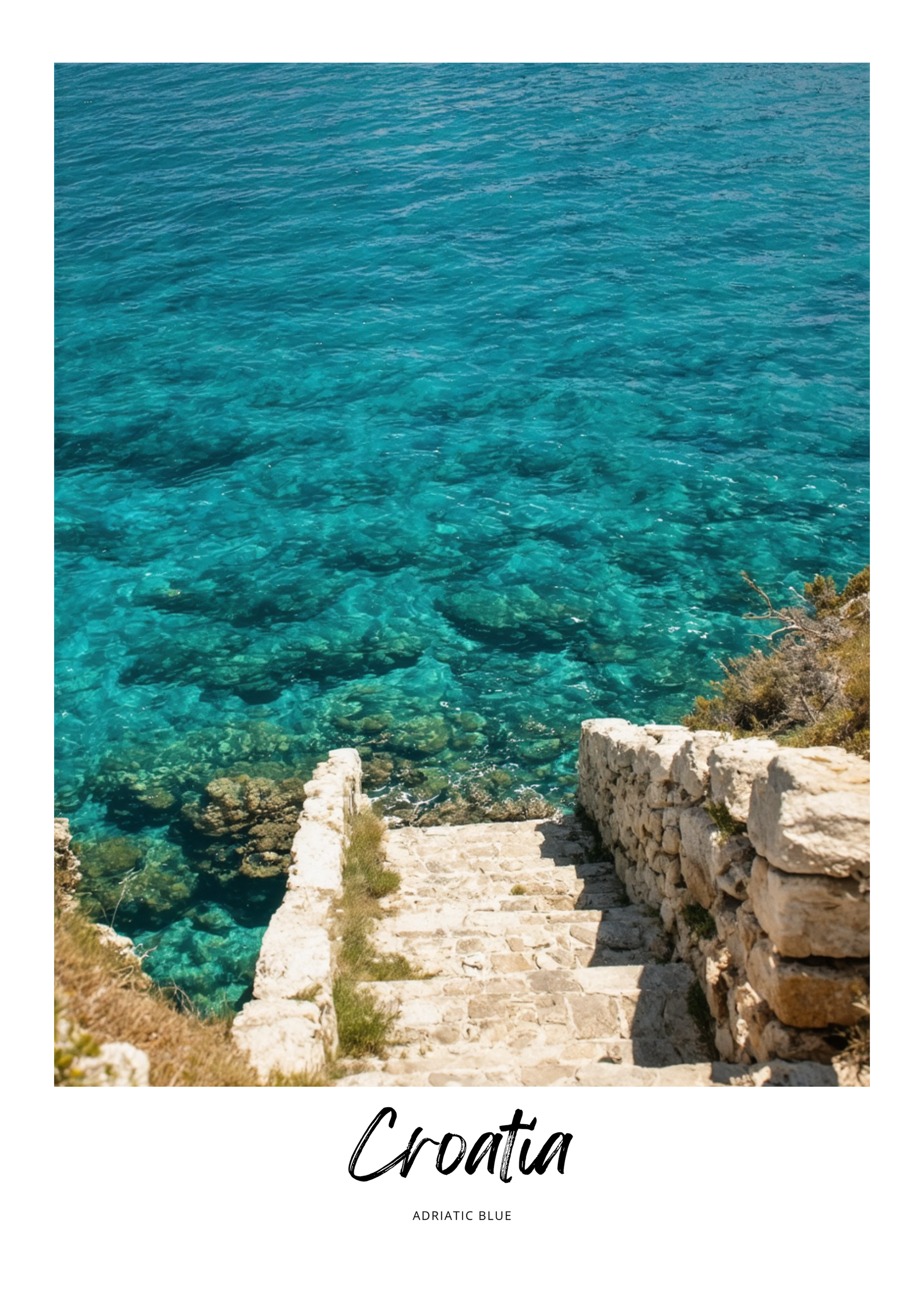 Clear blue water with a stone staircase leading down to the sea, labeled 'Croatia'.