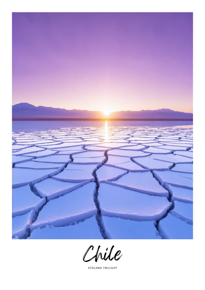 Sunset over a salt flat with 'Chile' and 'Atacama Twilight' text at the bottom.
