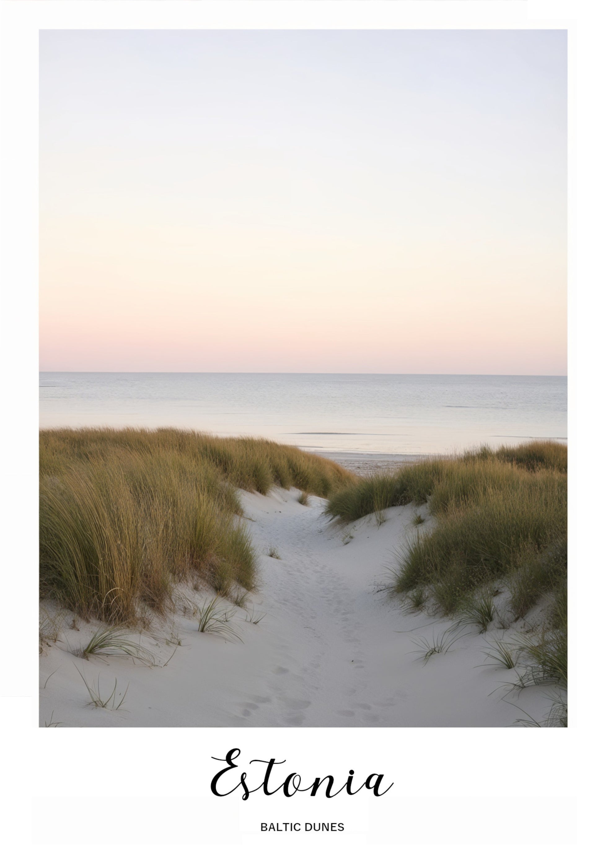 Path through sand dunes leading to the sea with 'Estonia' text at the bottom.