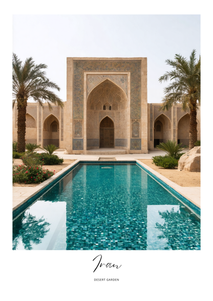 Traditional architecture with a pool and palm trees in a desert setting