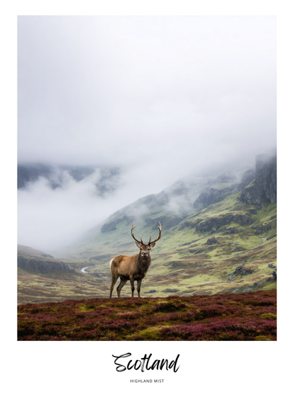 Stag in a misty Highland landscape with 'Scotland' text at the bottom.