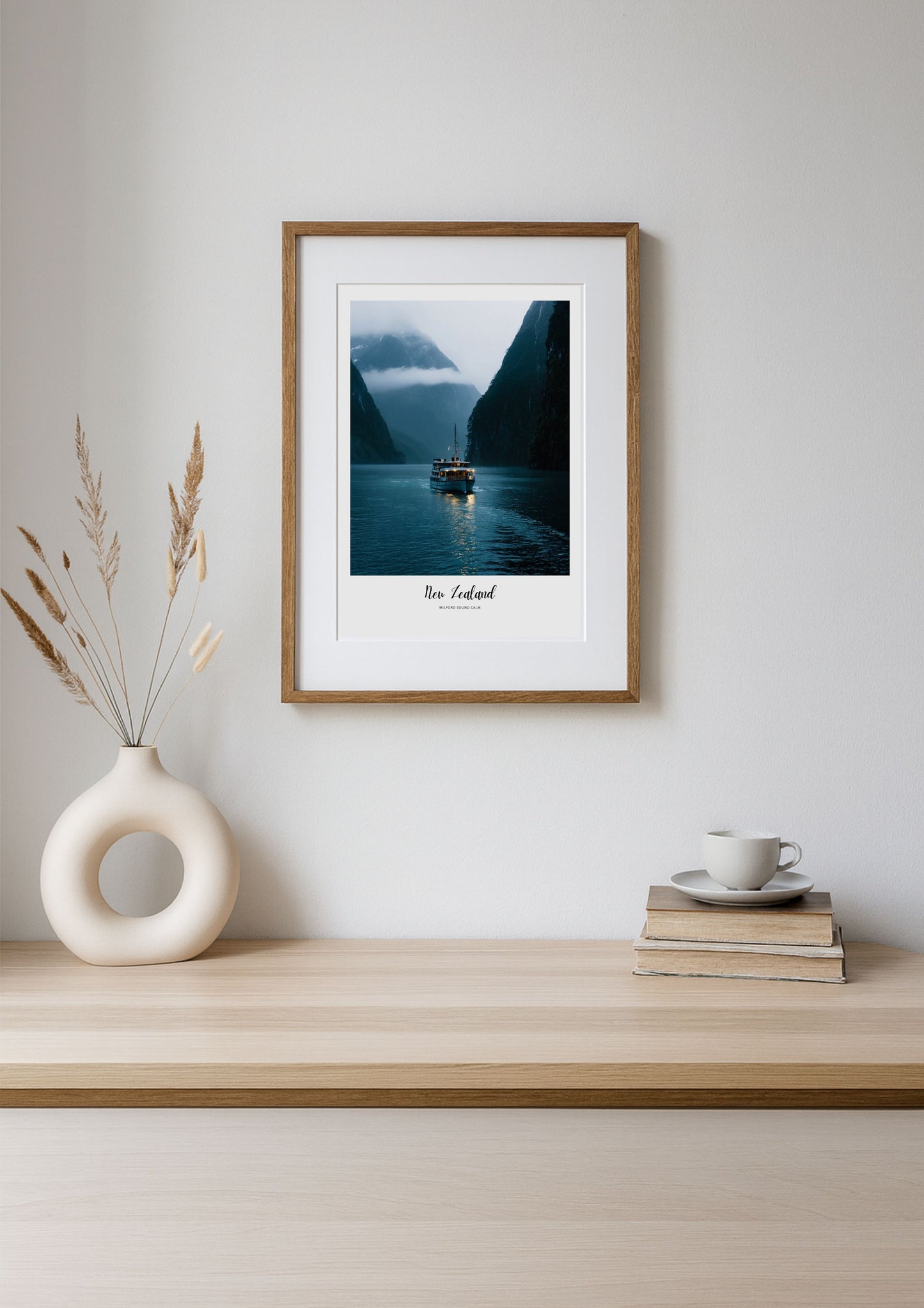 Framed photograph of a boat on water with mountains, placed on a wooden shelf with decorative items.