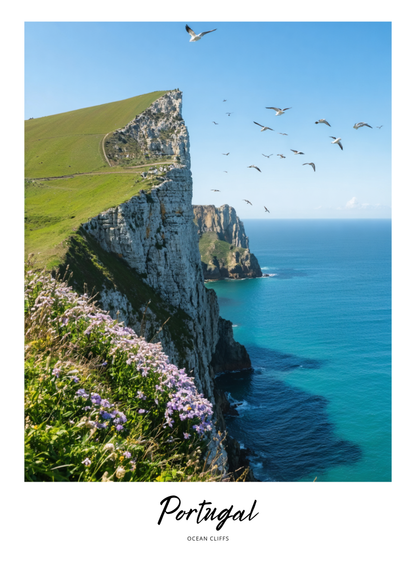 Cliffs overlooking the ocean with birds flying, labeled 'Portugal'.