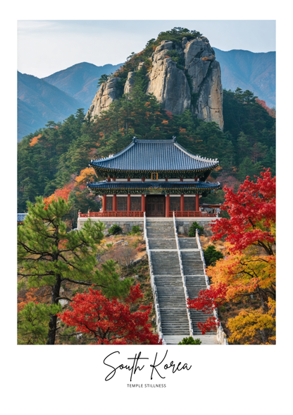 Traditional Korean temple with autumn foliage and mountain backdrop